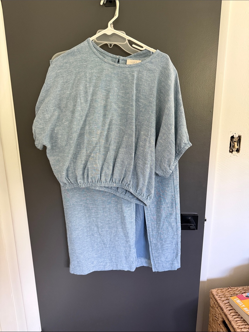 LOFT Light Blue Short Sleeve Knit Top with Elastic Hem and long skirt